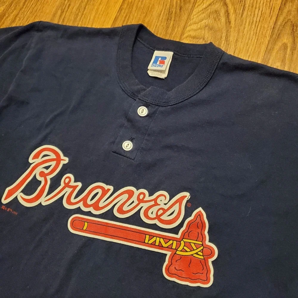 Vintage 90s Atlanta Braves Shirt Boys XL Blue Baseball MLB‎ Russell Athletic 98